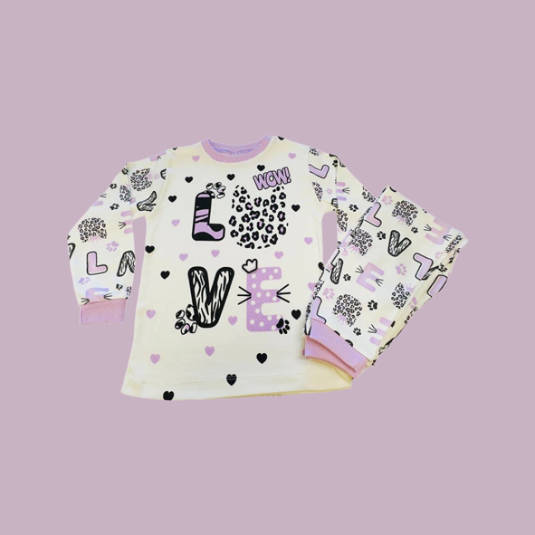 Girls Pyjama Set Purple & White - Love