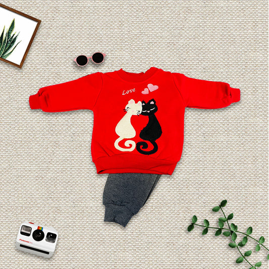 Girls Sweatsuit Red & Grey - Twin Cats